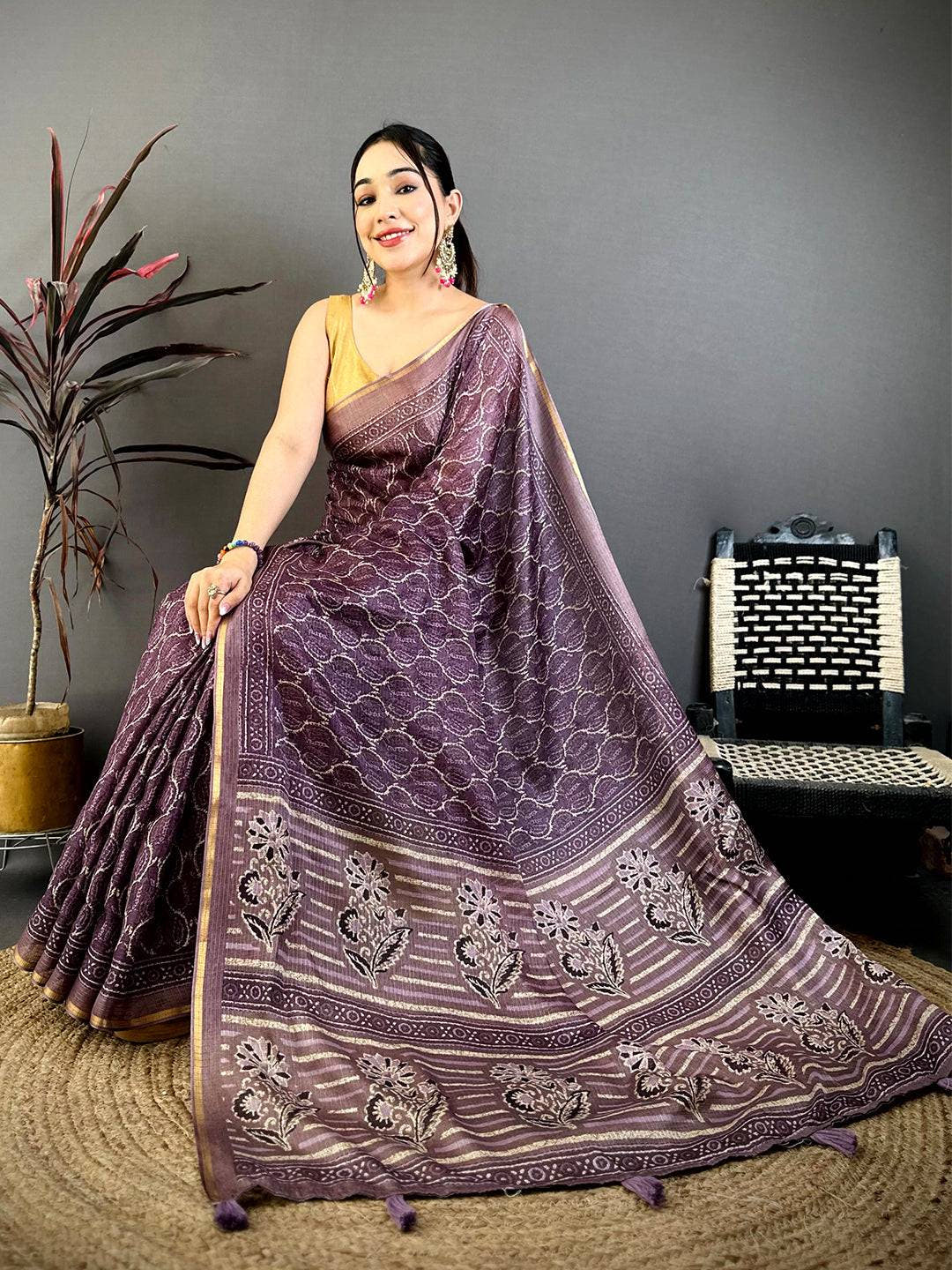 Purple Ajrakh Digital Print Kota Saree