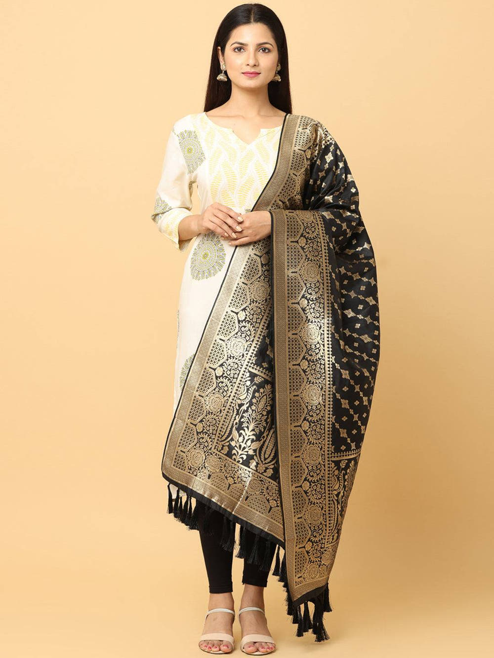 Latest Black Colour Woven Design Silk Blend Dupatta