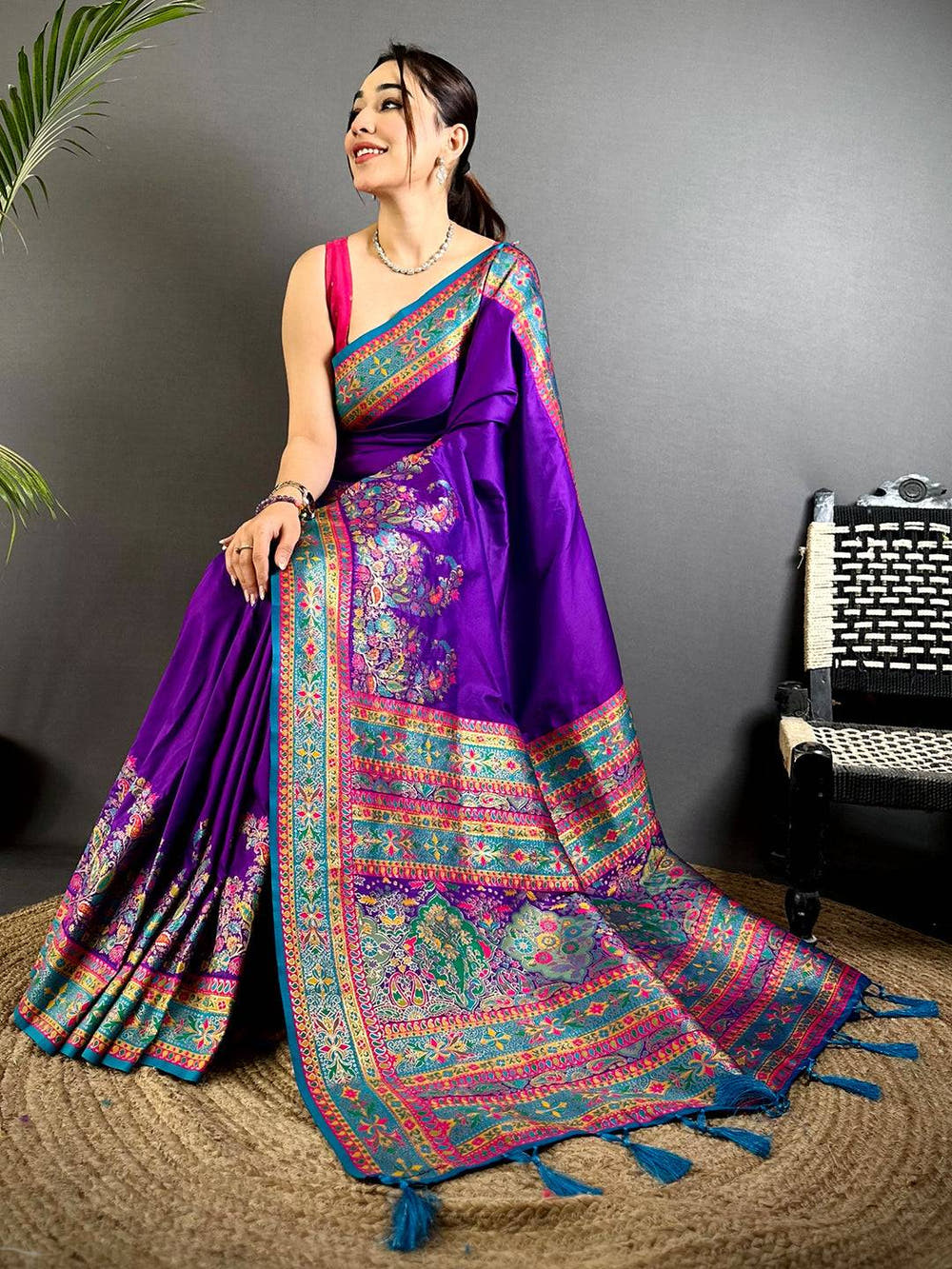 Purple Kashmiri Pashmina Semi Silk Saree