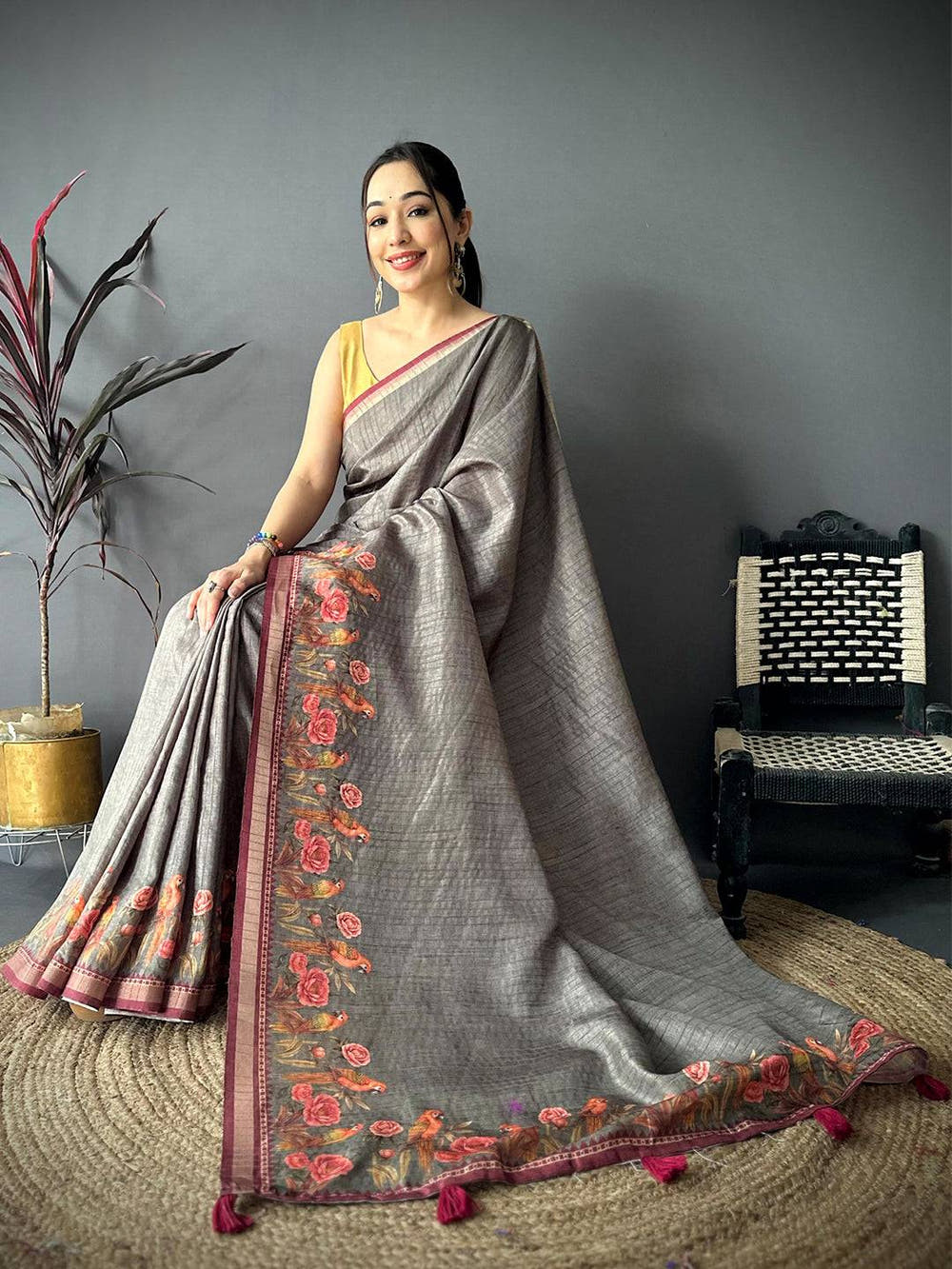 Regal Grey Ghicha  Munga  Saree
