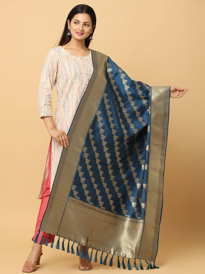 Teal Colour Woven Design Dupatta