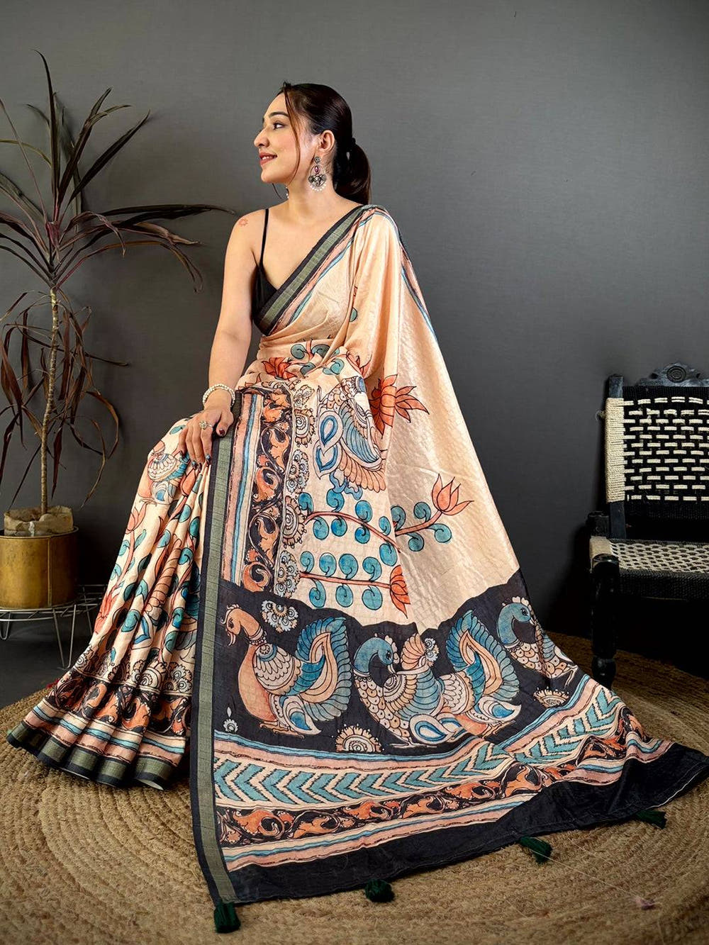 Radiant Kalamkari Lotus Tussar Saree