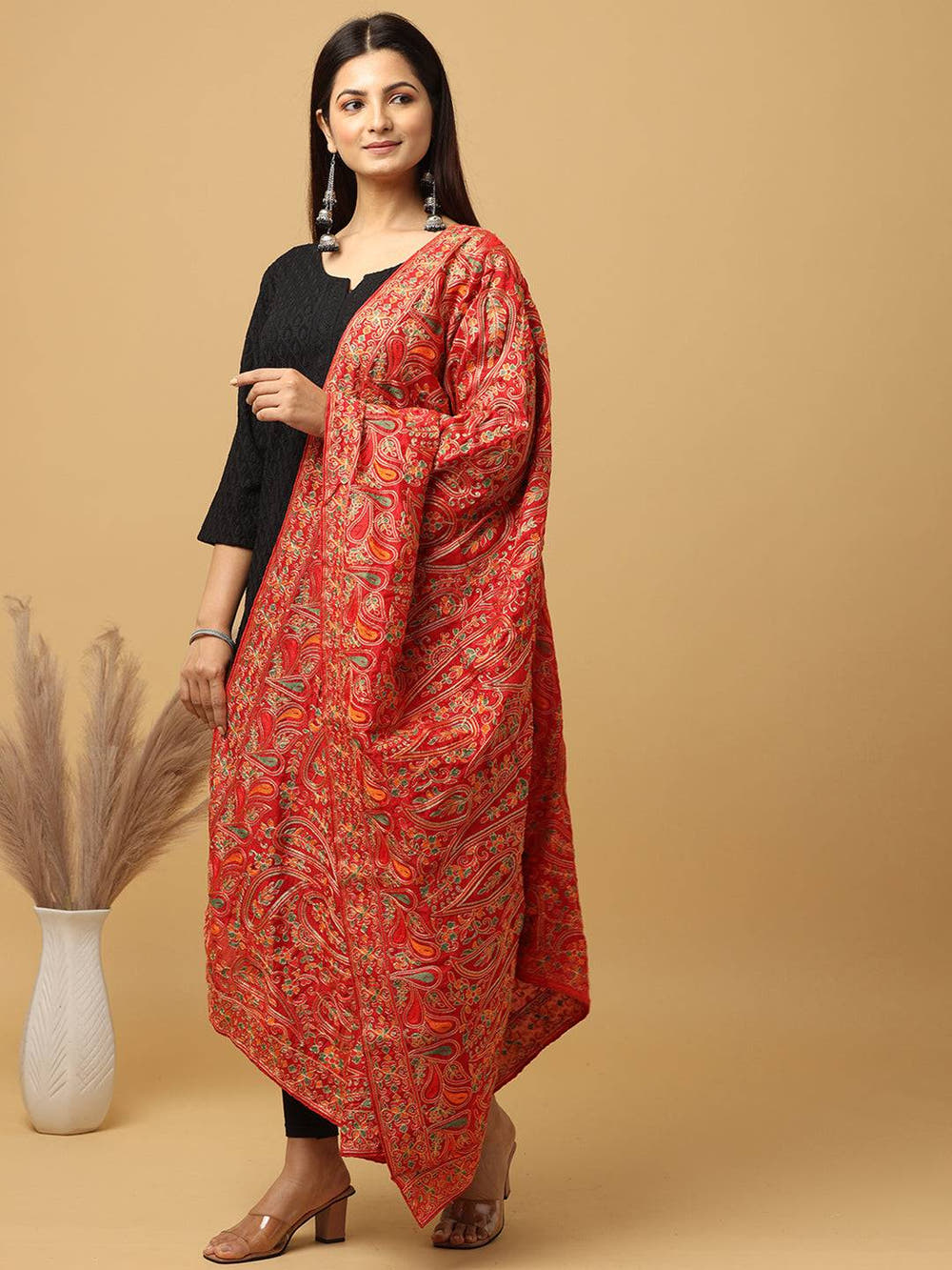Red Fine Floral Paisley Pashmina Dupatta