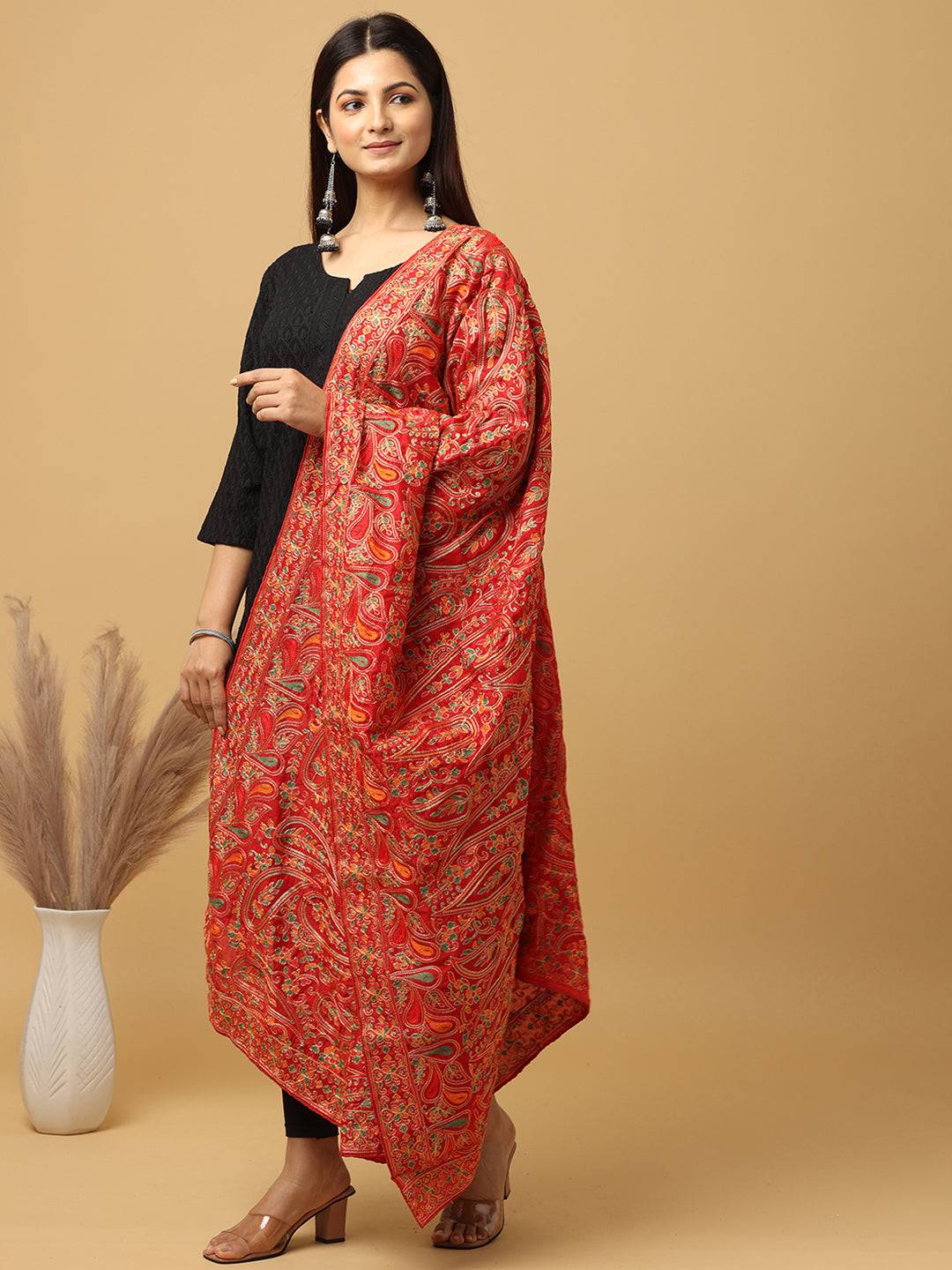 Red Fine Floral Paisley Pashmina Dupatta