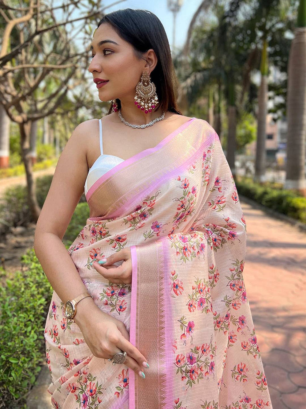 Peach Kota With Digital Floral Printed Saree