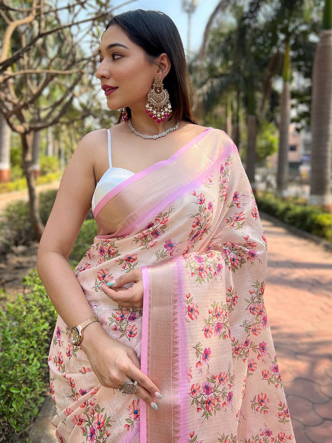 Peach Kota With Digital Floral Printed Saree