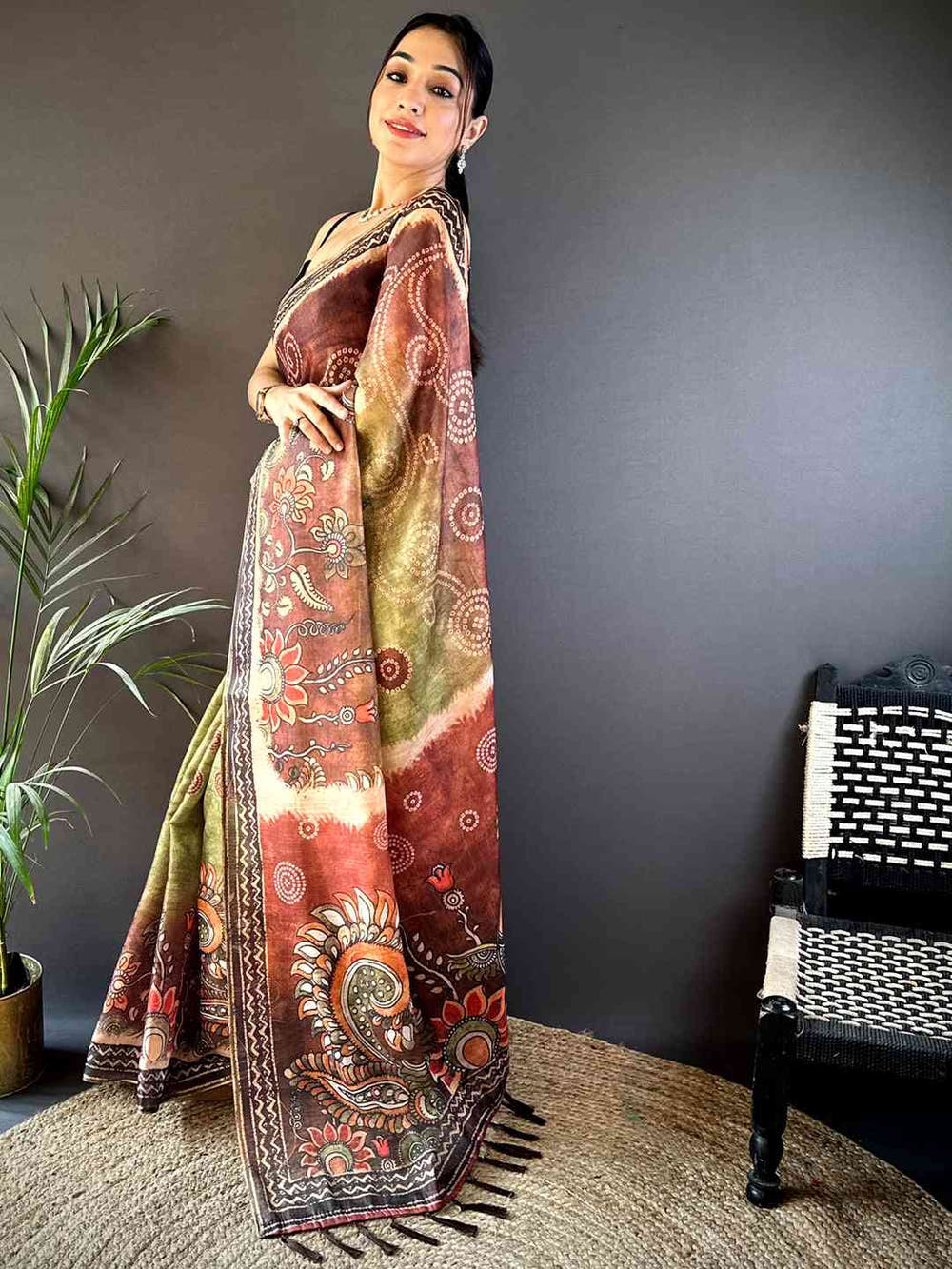 Olive Kalamkari Bandhani Chanderi Saree