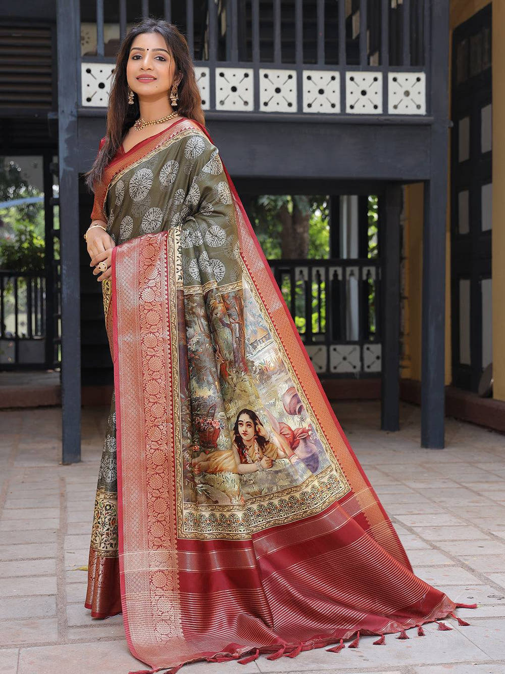 Olive Pure Viscose Dola Silk Saree With Kalamkari And Mughal Print - Luxe