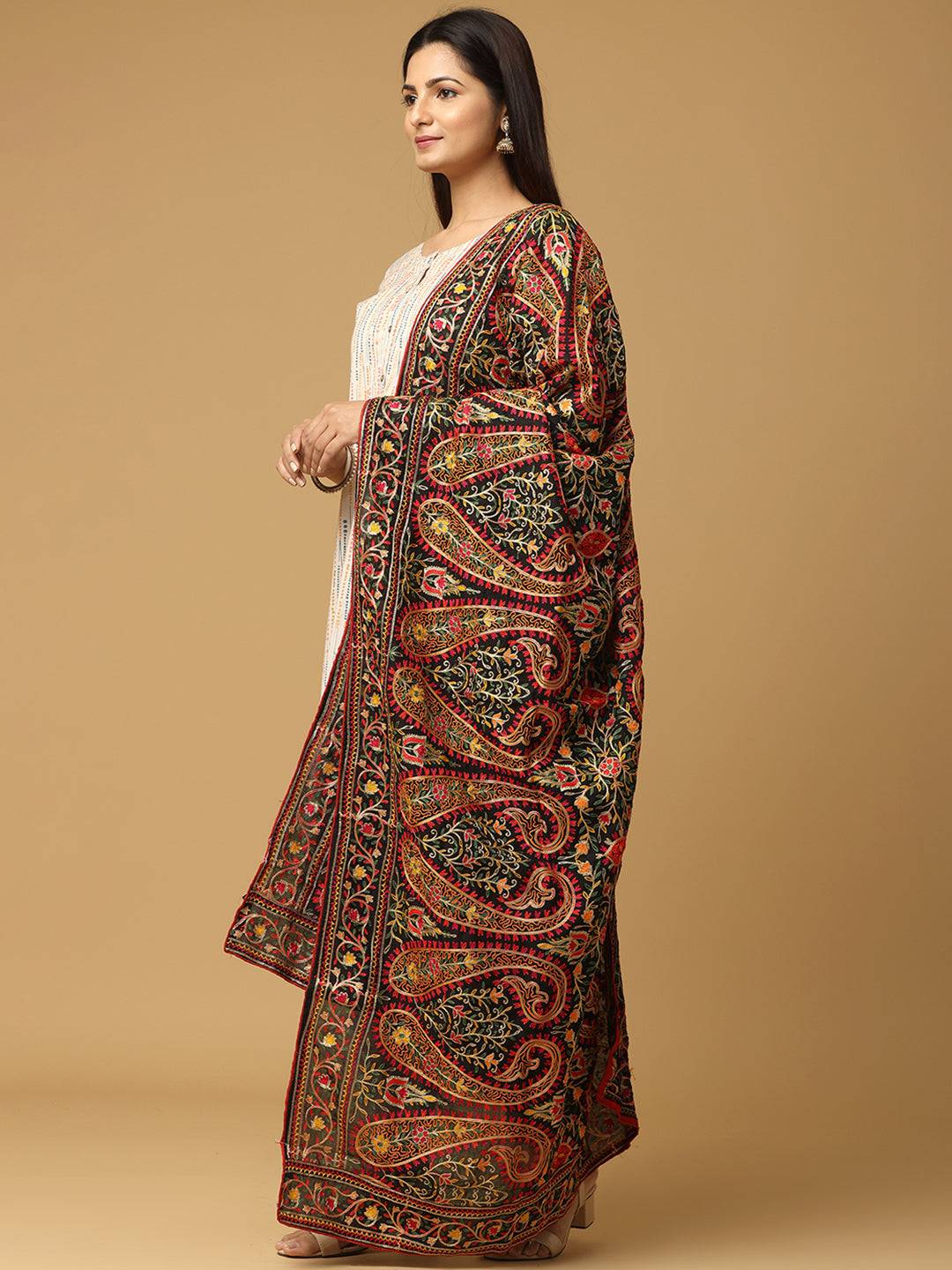 Black Ornate Rust Paisley Pashmina Dupatta