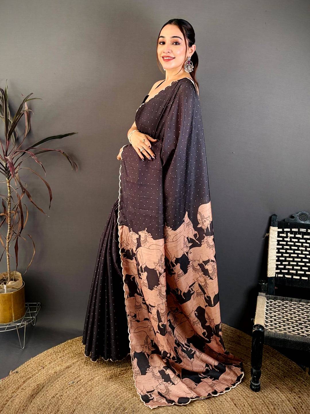 Artistic Cow Motif Kalamkari Tussar Saree