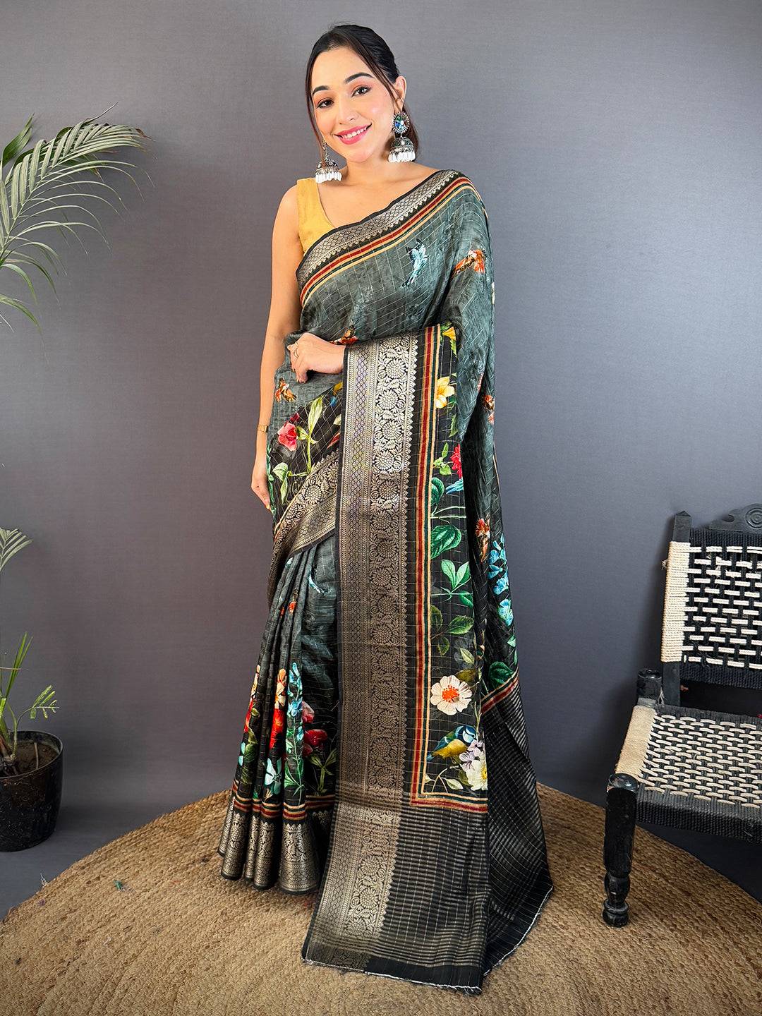 Gray Pure Viscose Checked Saree