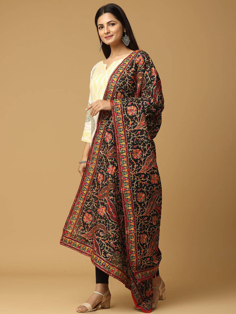 Black Bright Floral Jaal Pashmina Dupatta