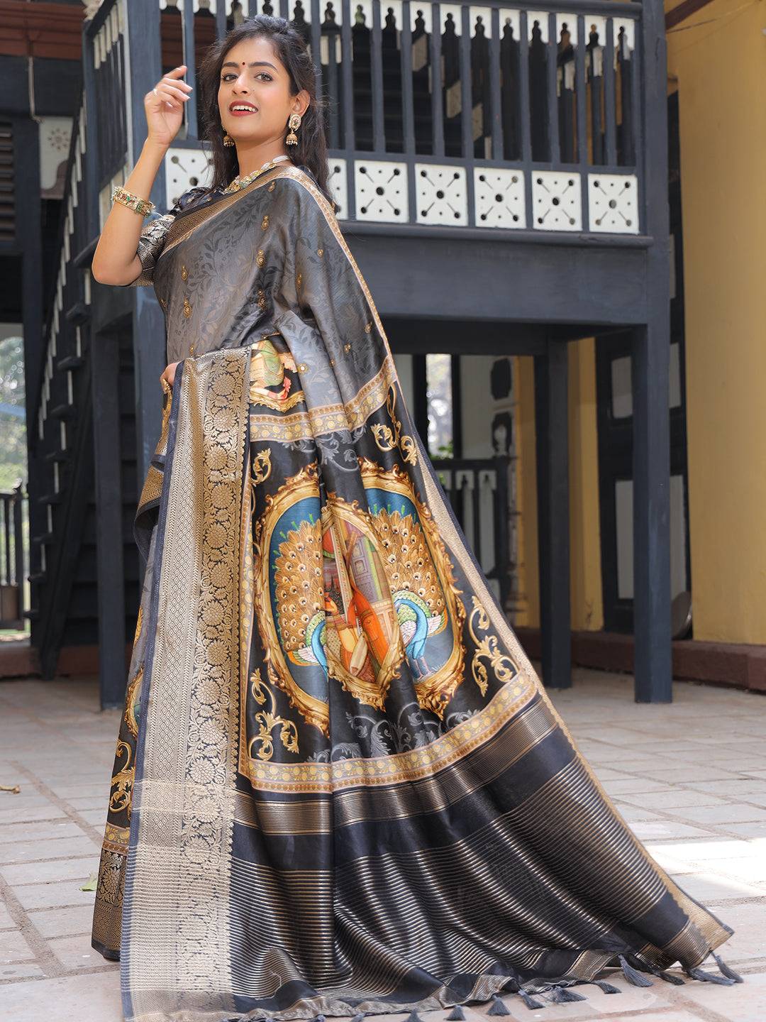 Pure Viscose Dola Silk Saree With Zari Weaving Pallu In Grey Colour - Luxe