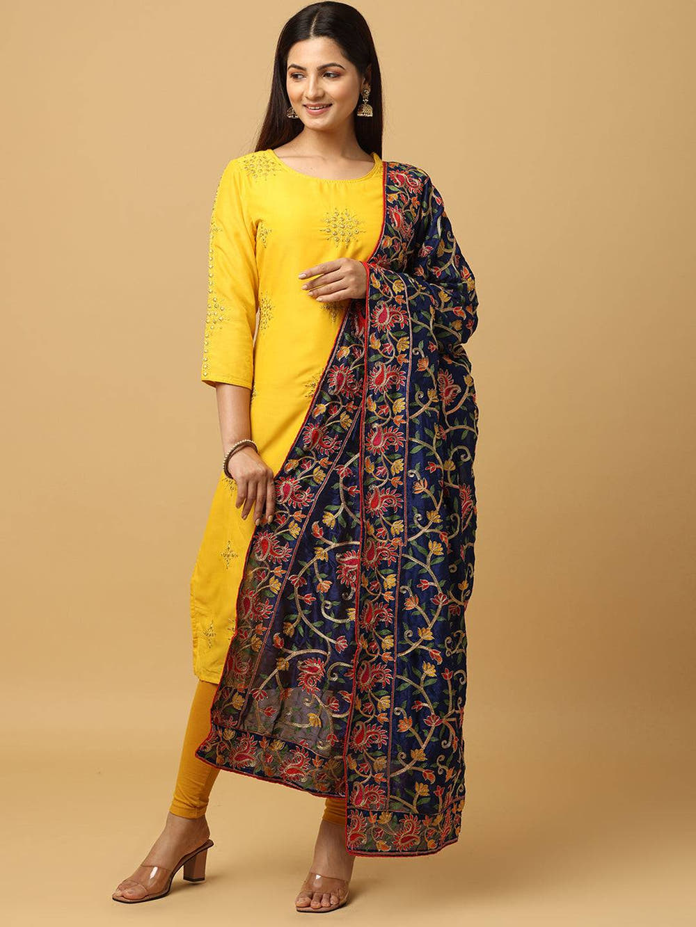 Navy Bright Floral Jaal Pashmina Dupatta