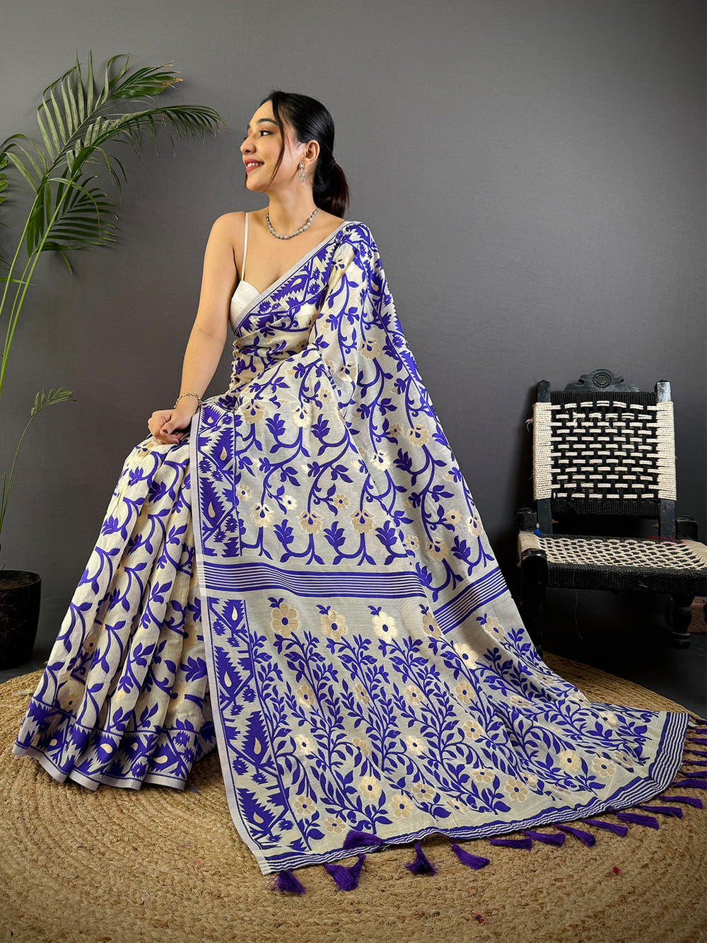 Cream Soft Cotton Silk Jamdani Saree