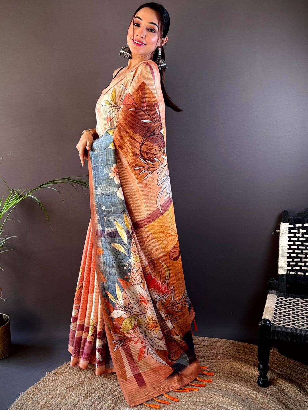 Light Orange Semi Zari Tussar Floral Saree