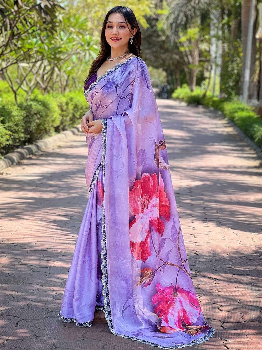 Purple Satin Georgette Floral Print Saree