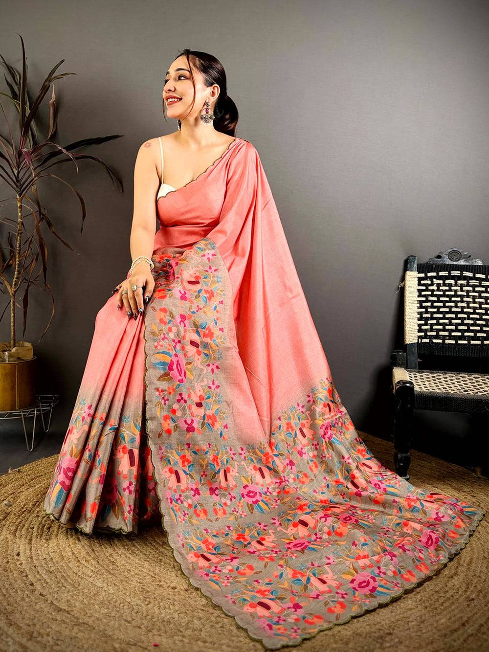 Coral Bird Print Tussar Festive Saree