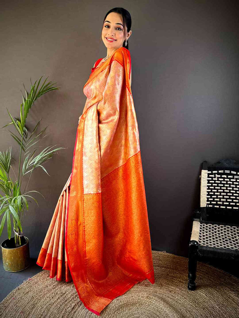 Red Golden Geometrics With Floral Elegance Saree