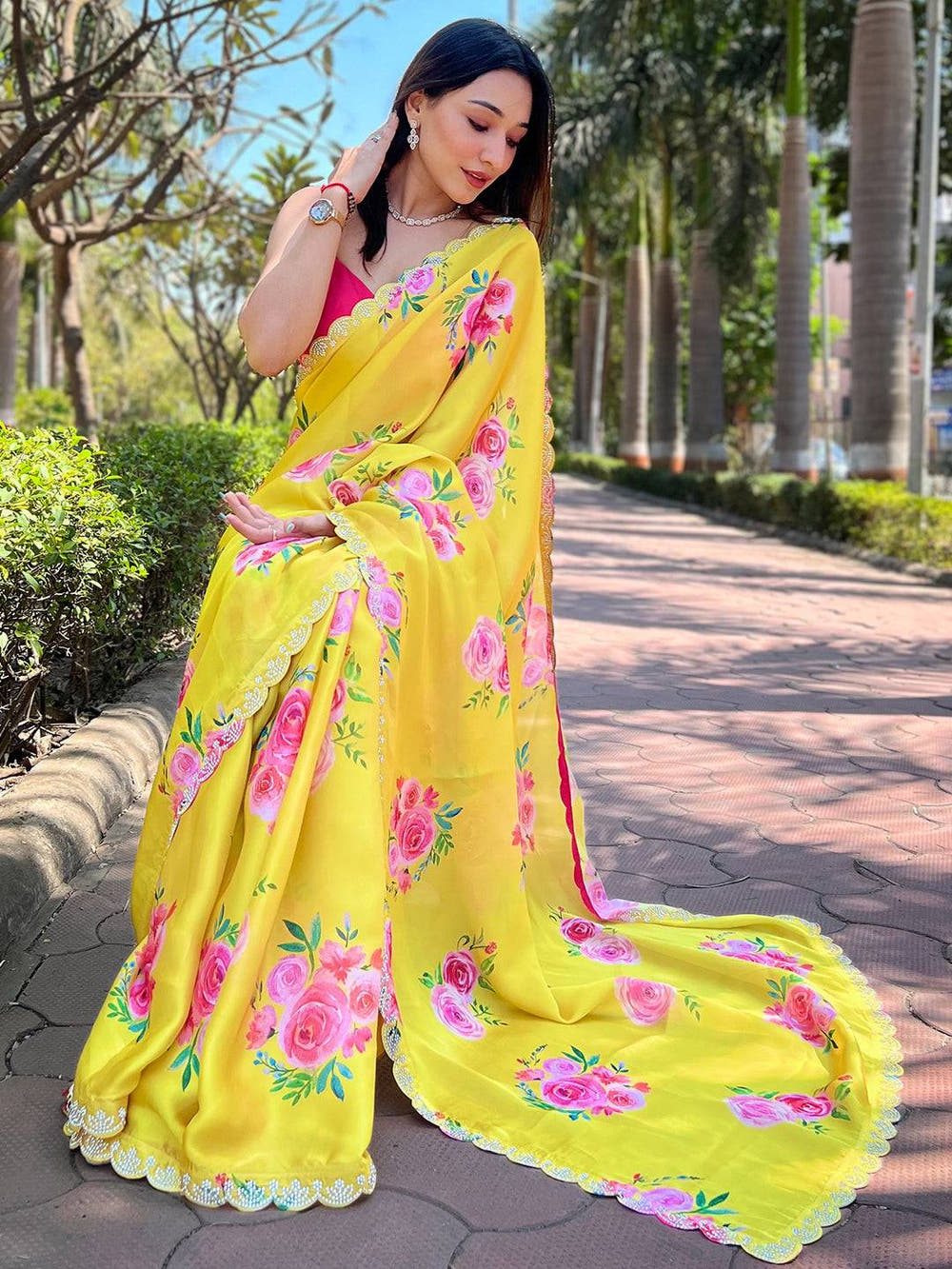 Yellow Satin Georgette Floral Print Saree