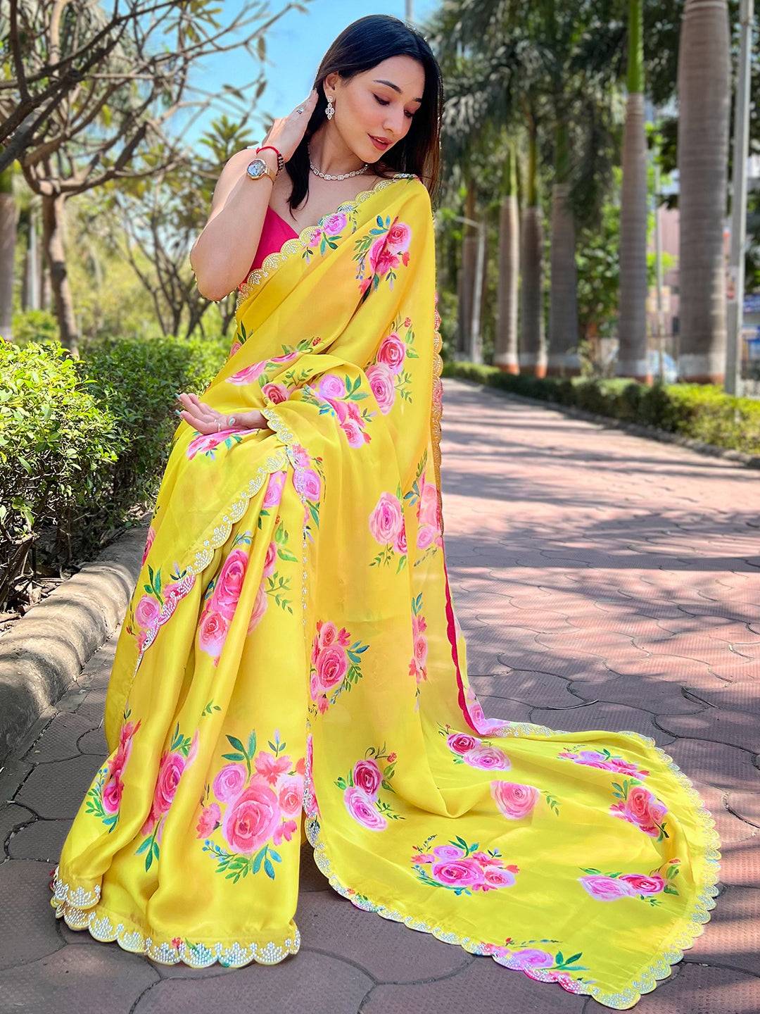 Yellow Satin Georgette Floral Print Saree