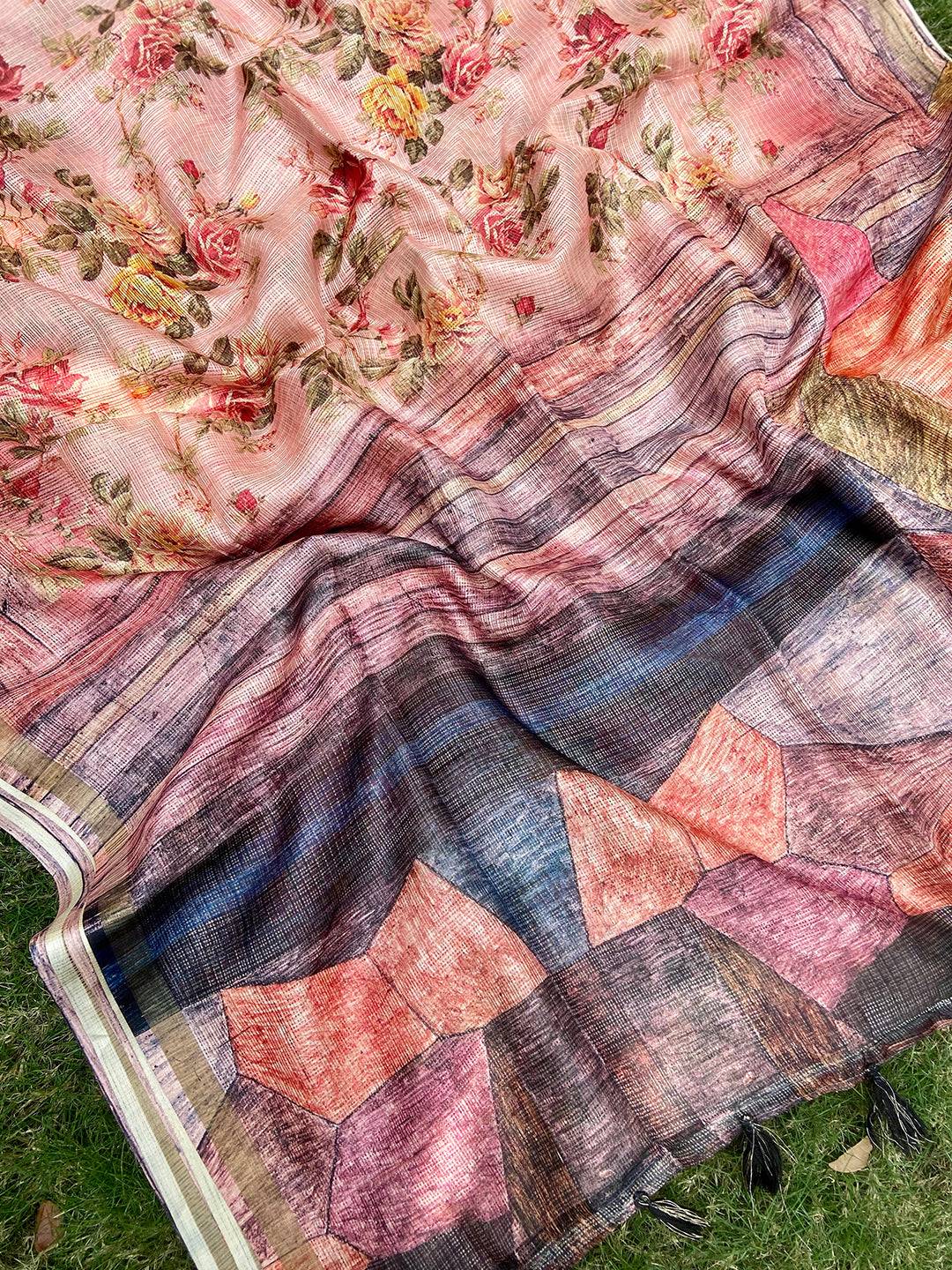 Peach Colour Soft Kota Doriya Silk Saree With Flower & abstect Prints