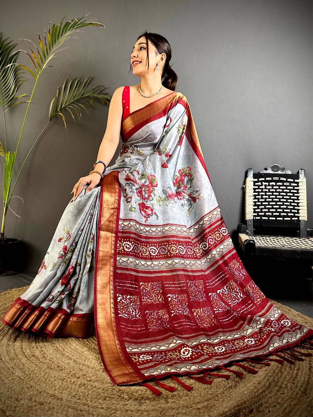 Radiant Red Floral Dola Silk Saree