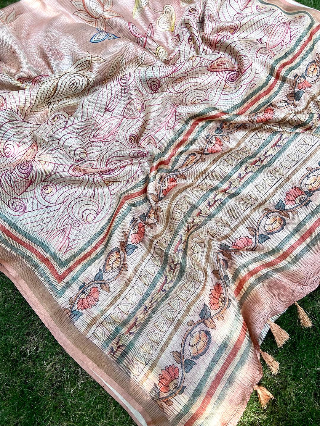 Peach Soft Kota Doriya Silk Saree With Flower Kalamkari Print