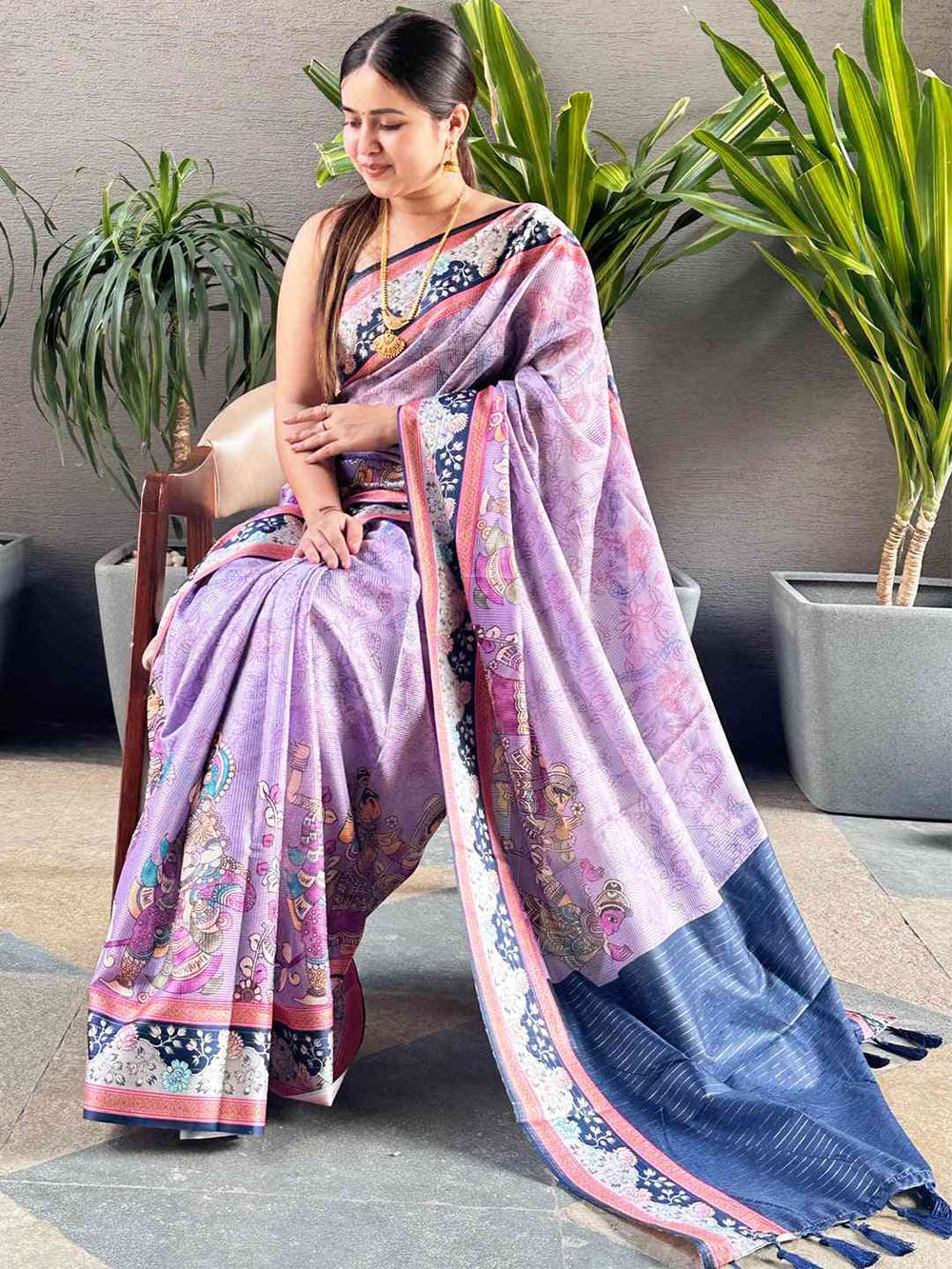 Purple Colour Satin Kota Doria Digital Kalamkari Zari Pallu