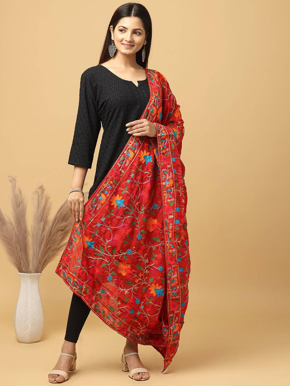 Red Turquoise Sprig Pashmina Dupatta