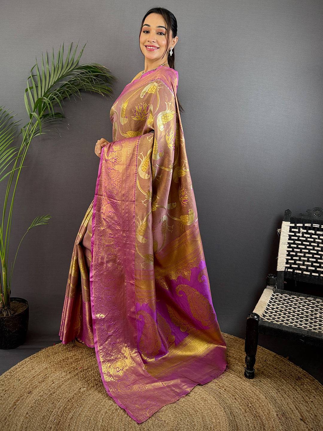 Light Wine Dharmavaram Gold Birds Print Saree