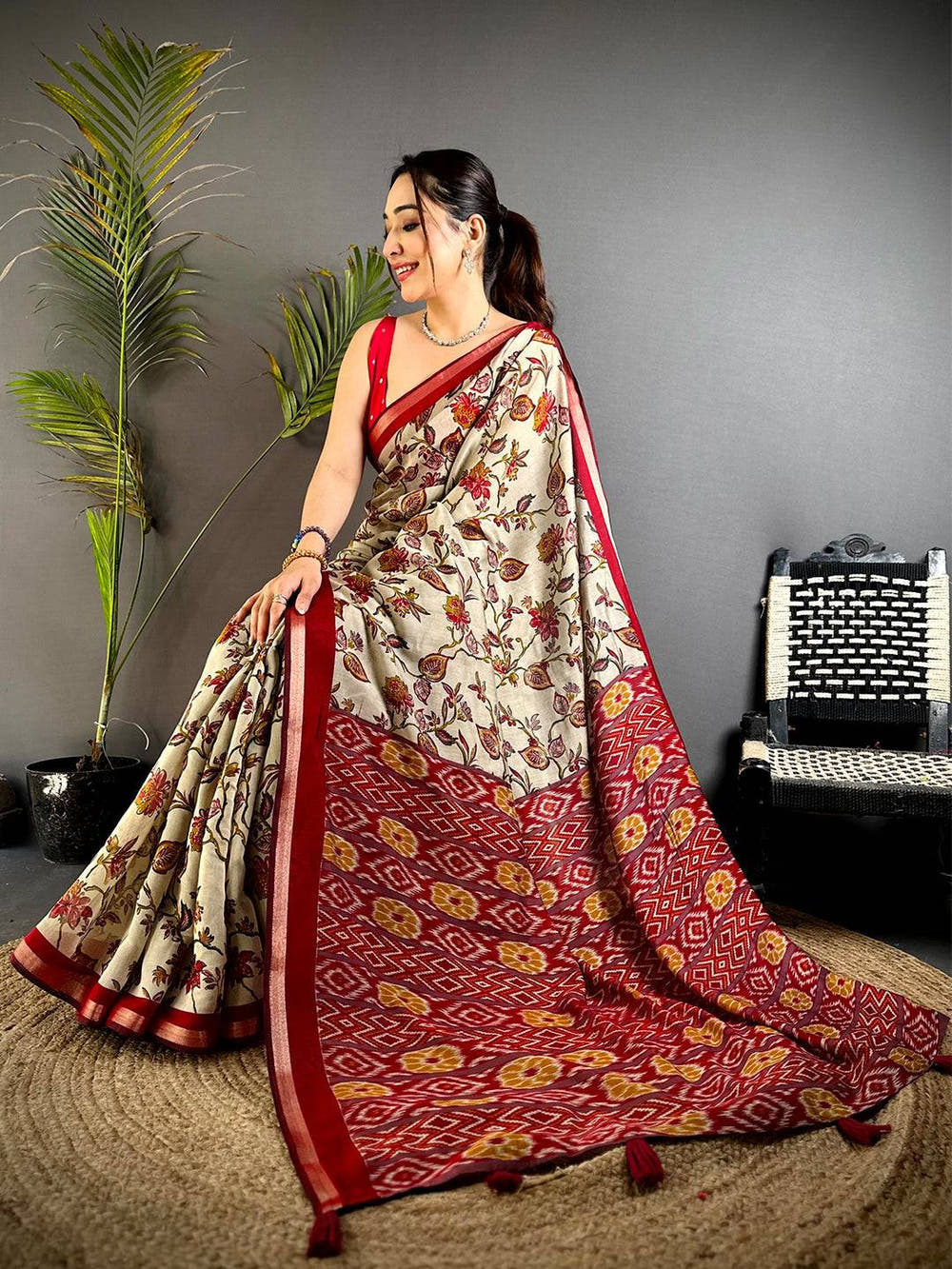 Red Floral Phulkari Mul Cotton Saree