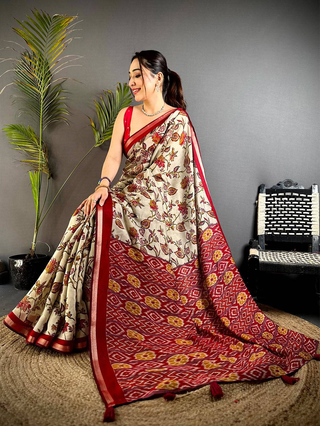 Red Floral Phulkari Mul Cotton Saree