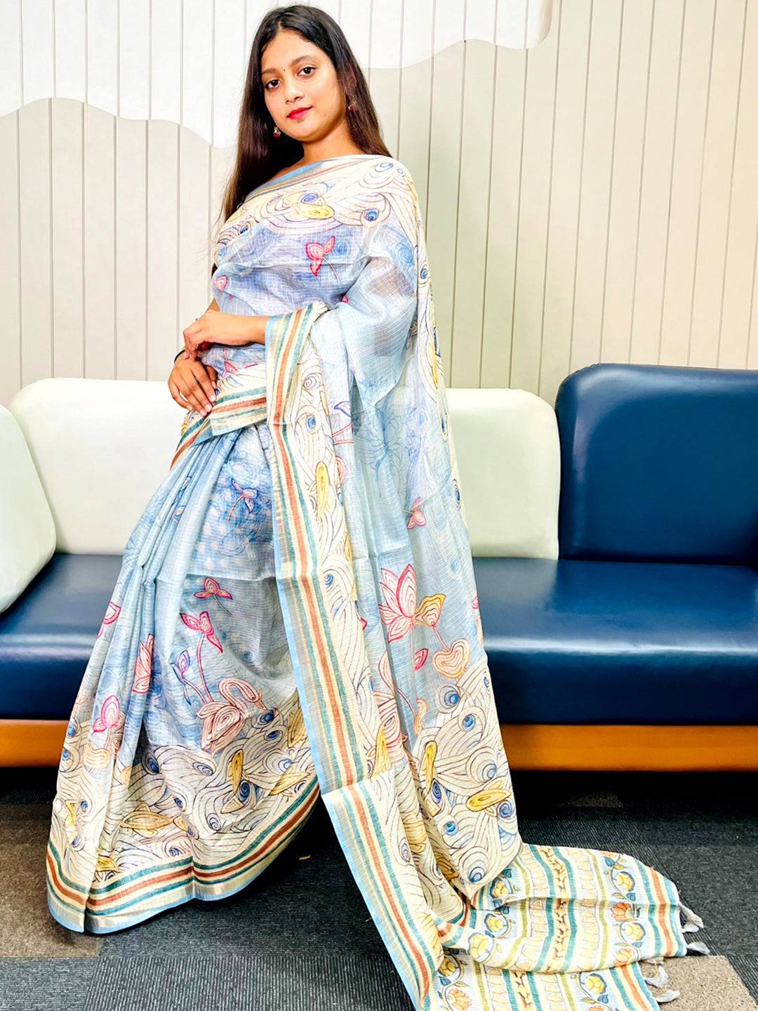 Sky Blue Kota Doriya Silk Saree With Floral Kalamkari Print