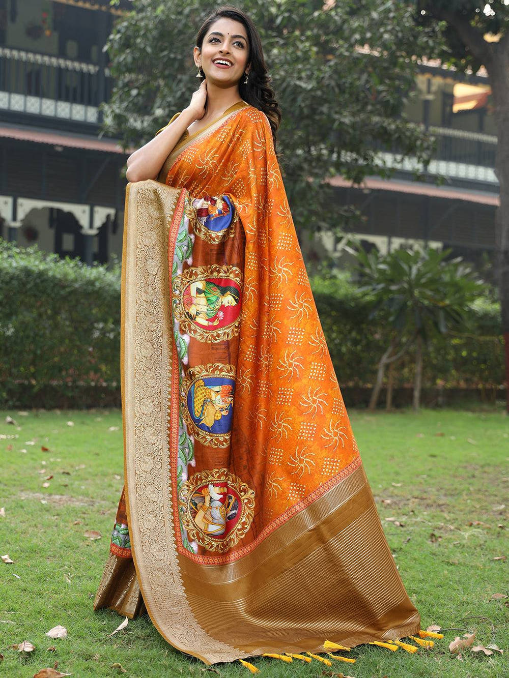 Orange Pure Viscose Dola Silk Saree with Mughal Print Border - Luxe