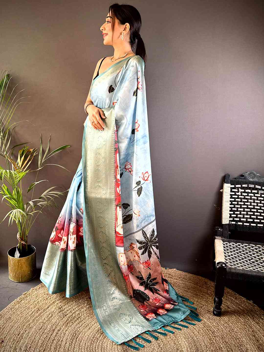 Sky Blue Pichwai Print Soft Silk Saree