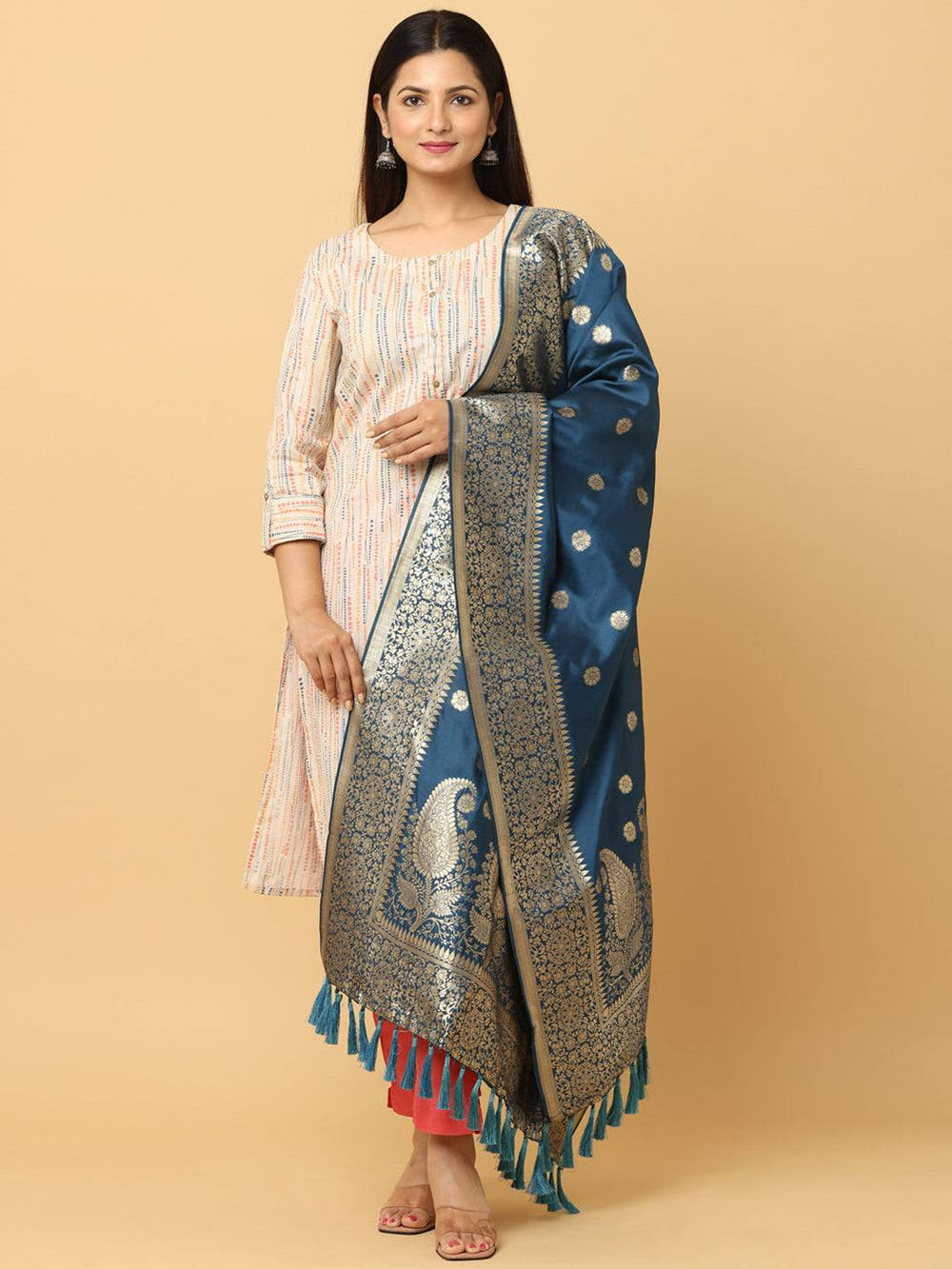 Silk Blend Woven Teal Colour Design Dupatta
