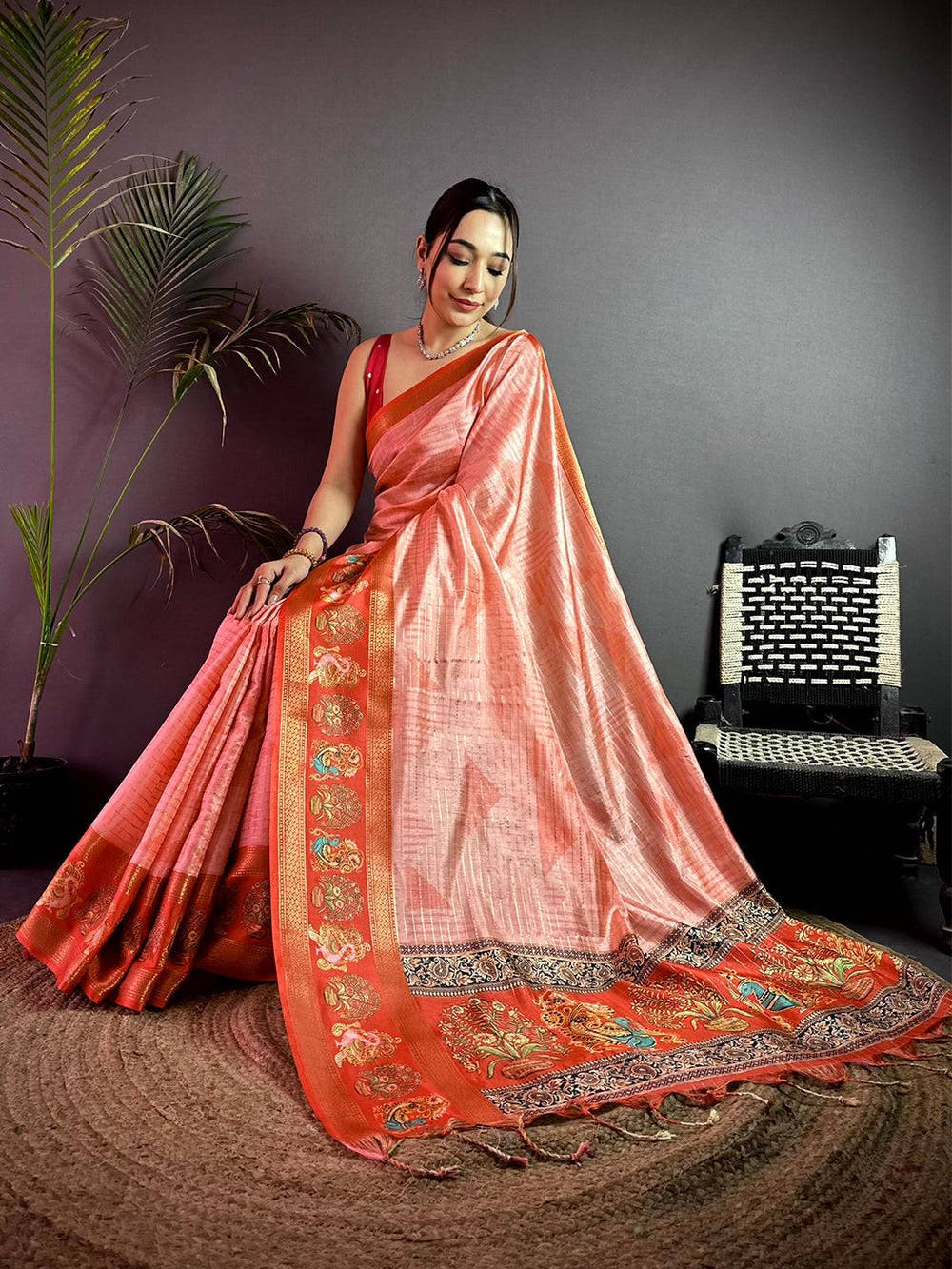 Artistic Tanjore Geometric Semi Silk Saree