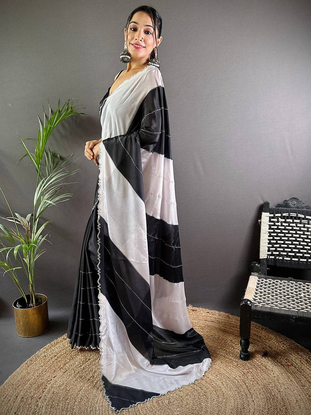 Black And White Poly Chiffon Stone Work Saree