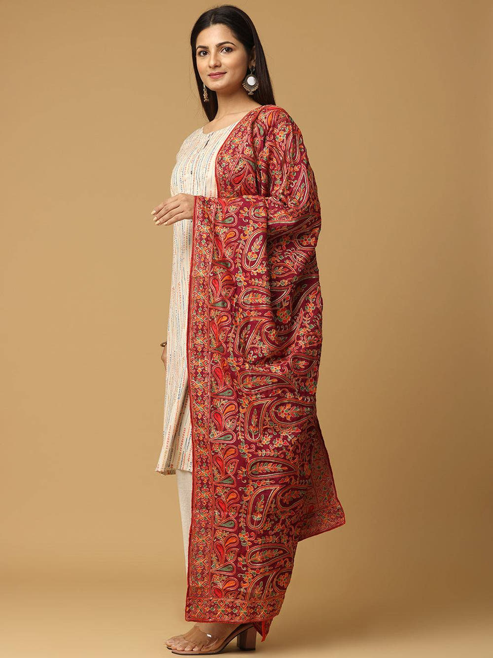Wine Allover Fine Floral Pashmina Dupatta