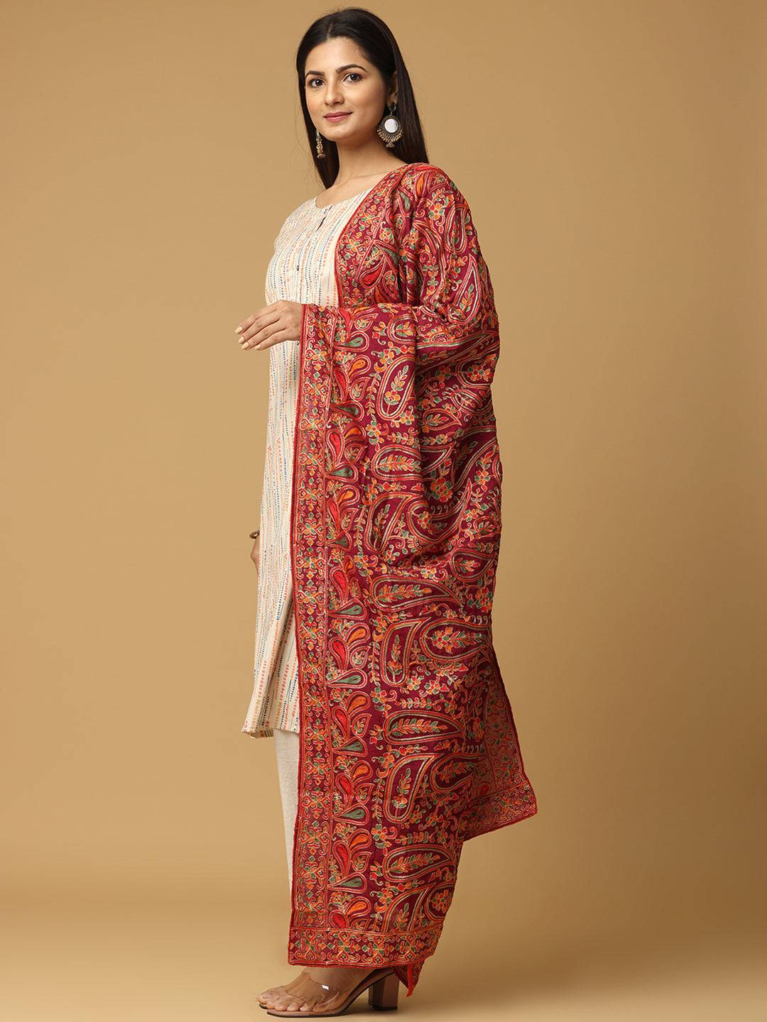 Wine Allover Fine Floral Pashmina Dupatta