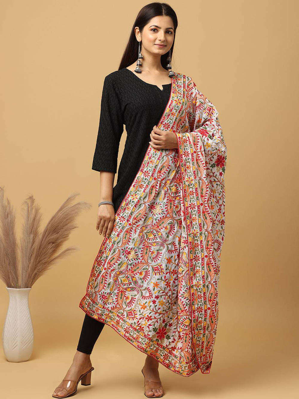 Ivory Multicolour Floral Pashmina Dupatta