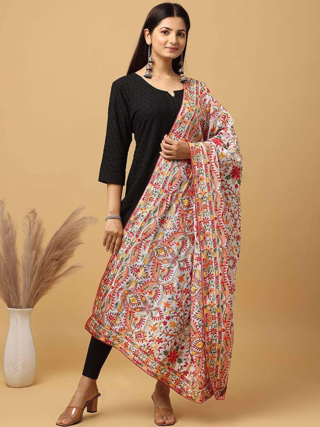 Ivory Multicolour Floral Pashmina Dupatta