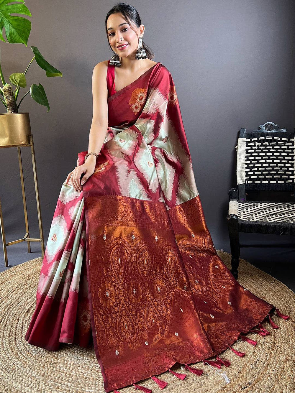 Maroon Tussar Silk Ikkat Weaving  Saree