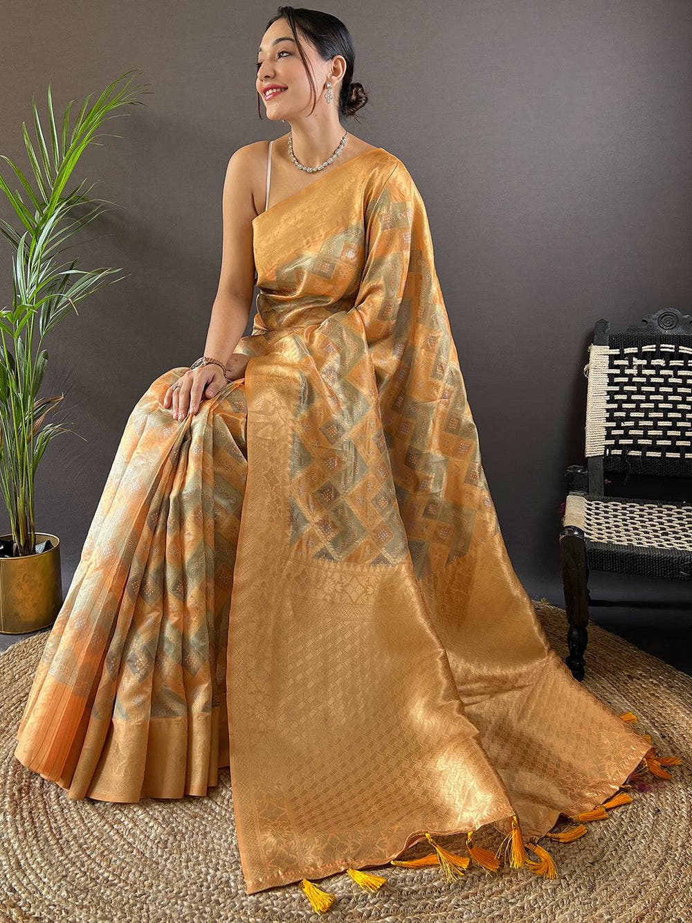 Honey Yellow Colour Block Print Saree