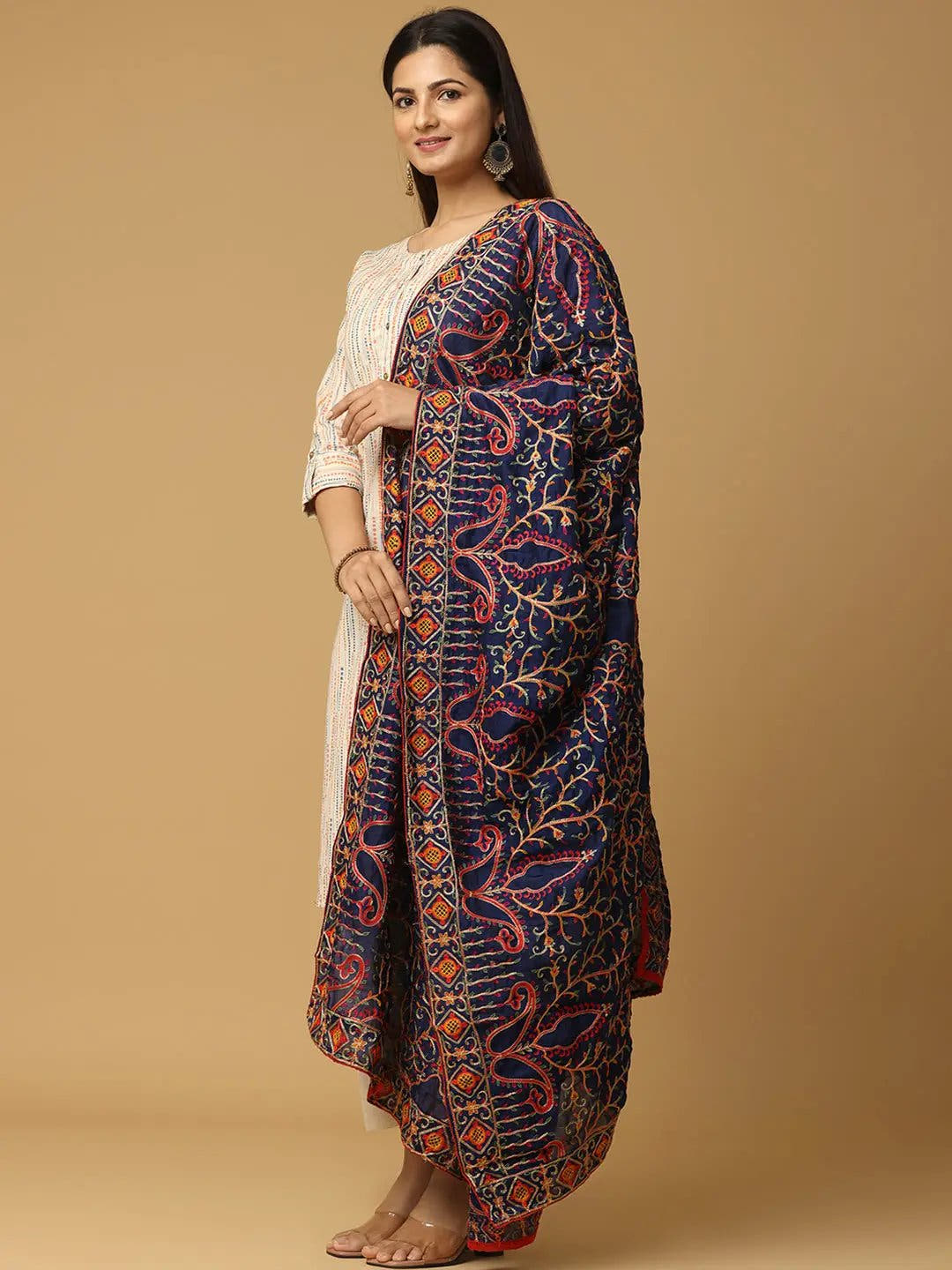Navy Bright Multicolour Bloom Pashmina Dupatta