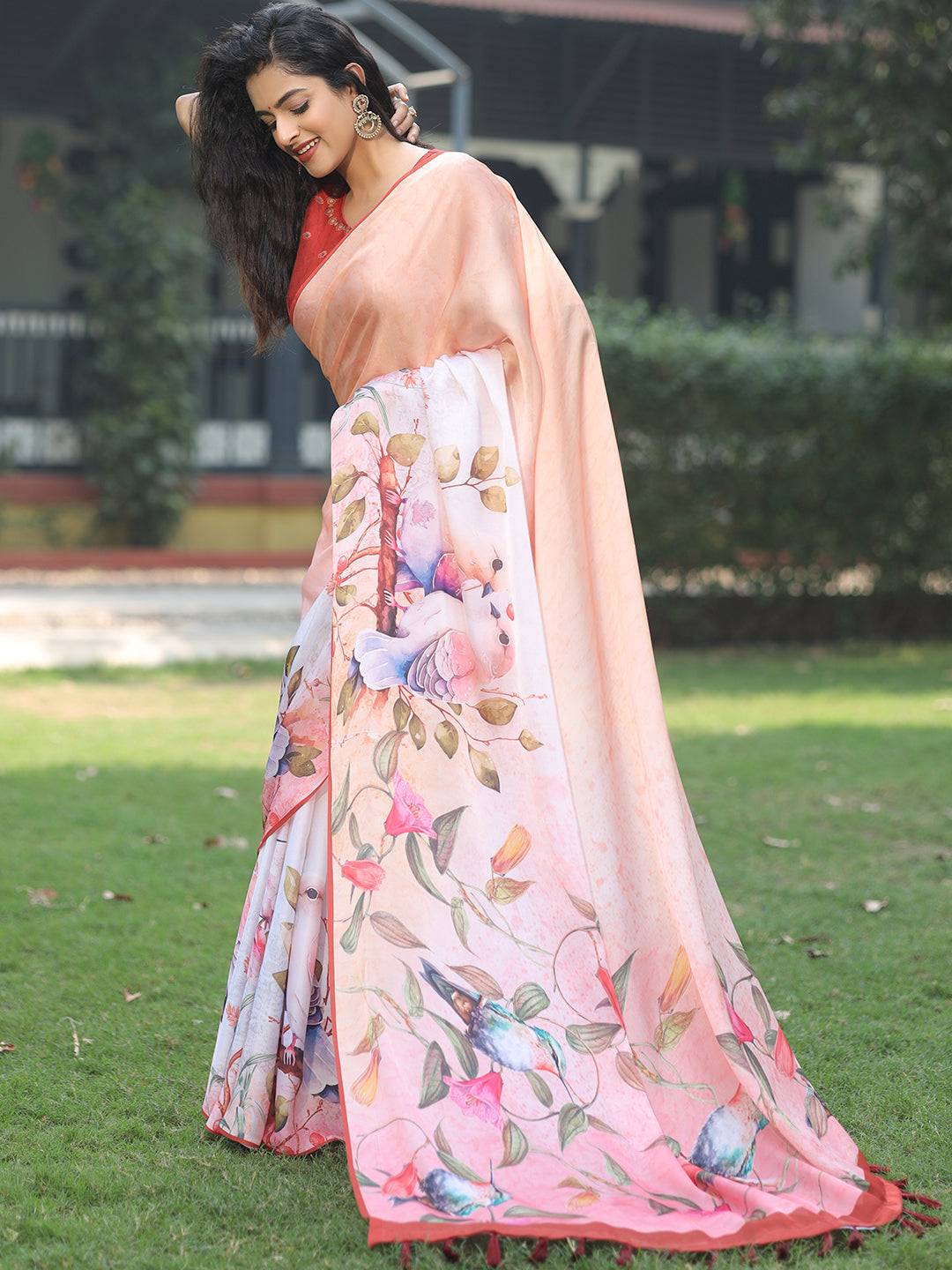 Satin Georgette Peach Colour Hand Print Saree - Luxe