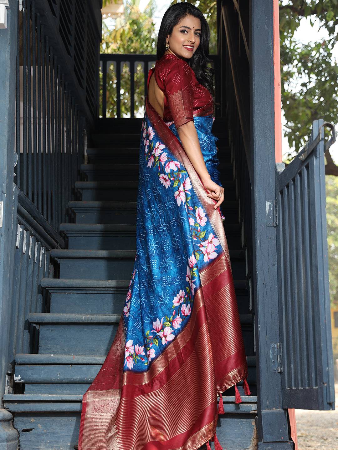 Royal Blue Pure Viscose Dola Silk Saree With Floral Print Border - Luxe