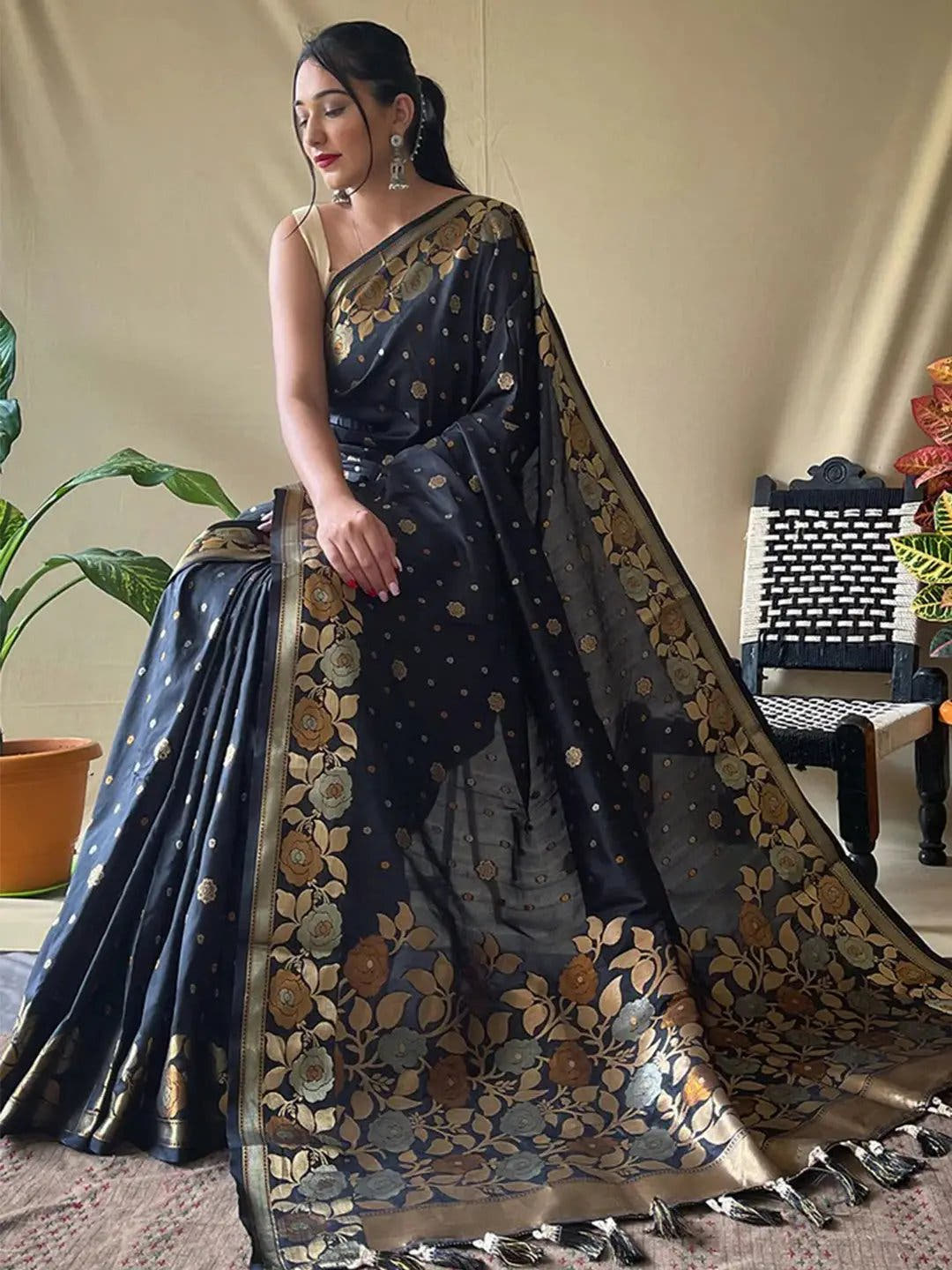 Black Colour Banarasi Silk Zari Woven Saree