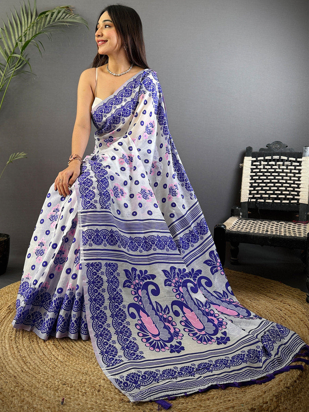 Royal Purple Dhakai Jamdani Cotton Silk Saree